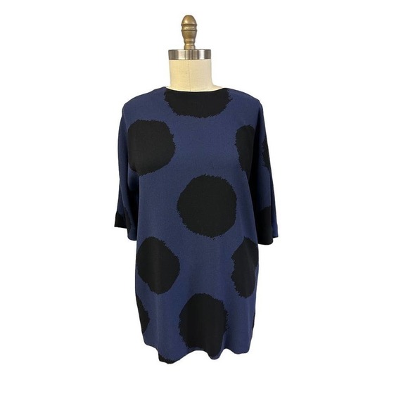 Marimekko Jada Blue Black Polka Dot Top Blouse Size 42 Medium Triacetate Zip - Picture 2 of 7